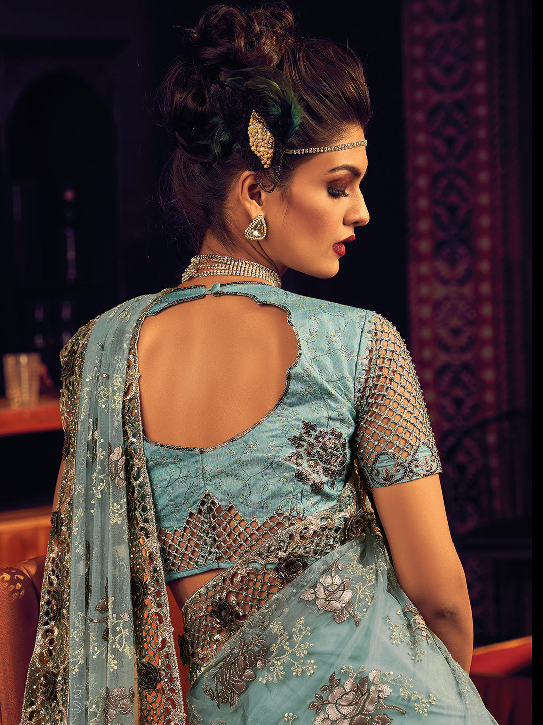 Powder Blue Digital Net With Sequence & Heavy Work Designer Saree