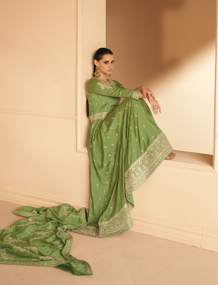 Stunning Green Designer Embroidery Silk Gown With Duppata