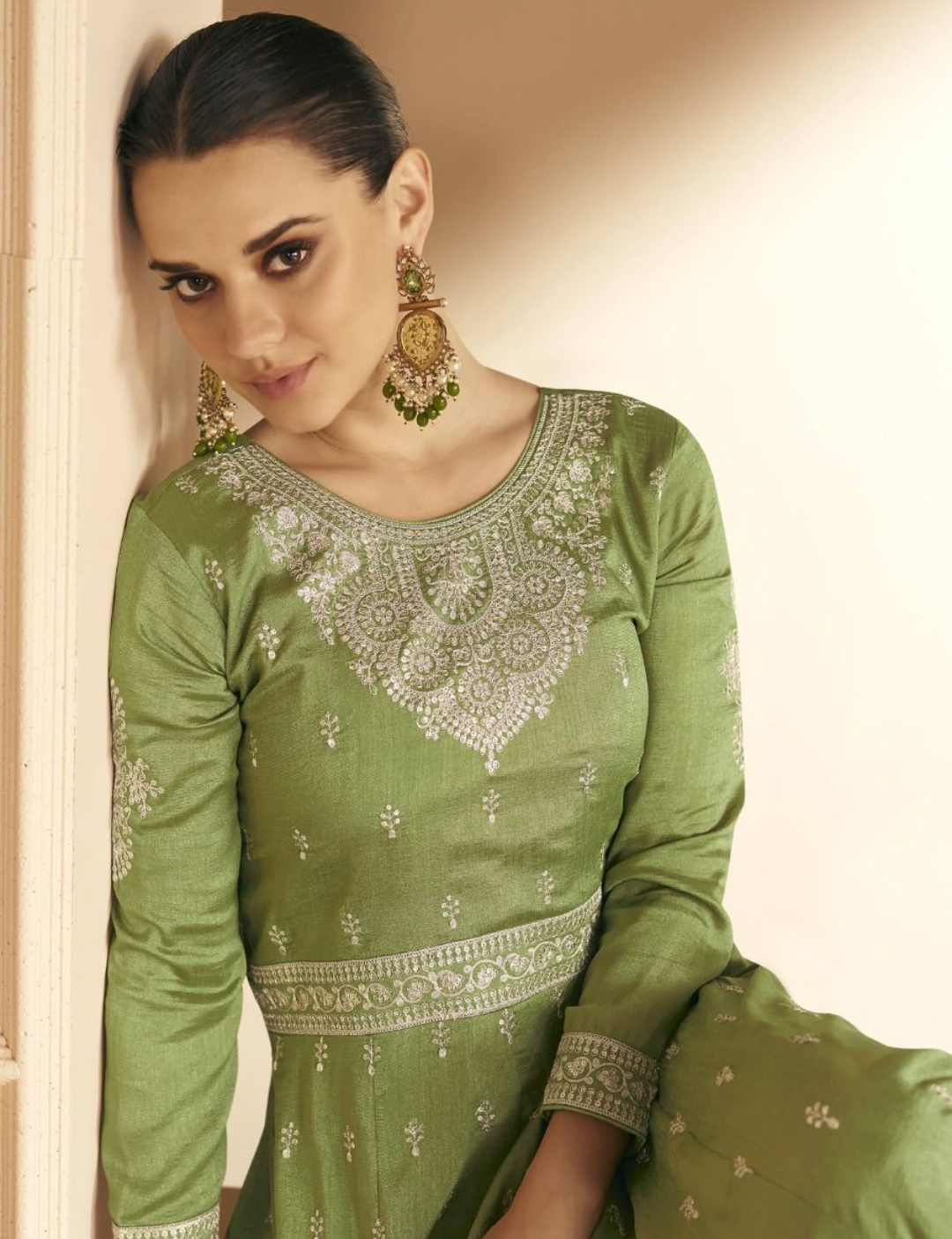 Stunning Green Designer Embroidery Silk Gown With Duppata