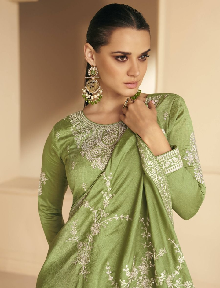 Stunning Green Designer Embroidery Silk Gown With Duppata