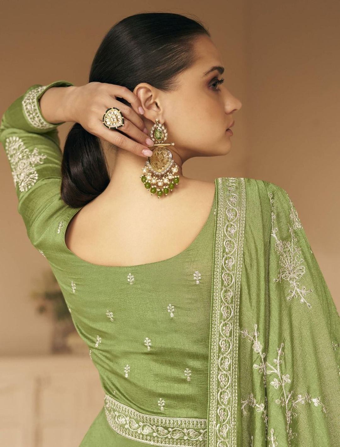 Stunning Green Designer Embroidery Silk Gown With Duppata