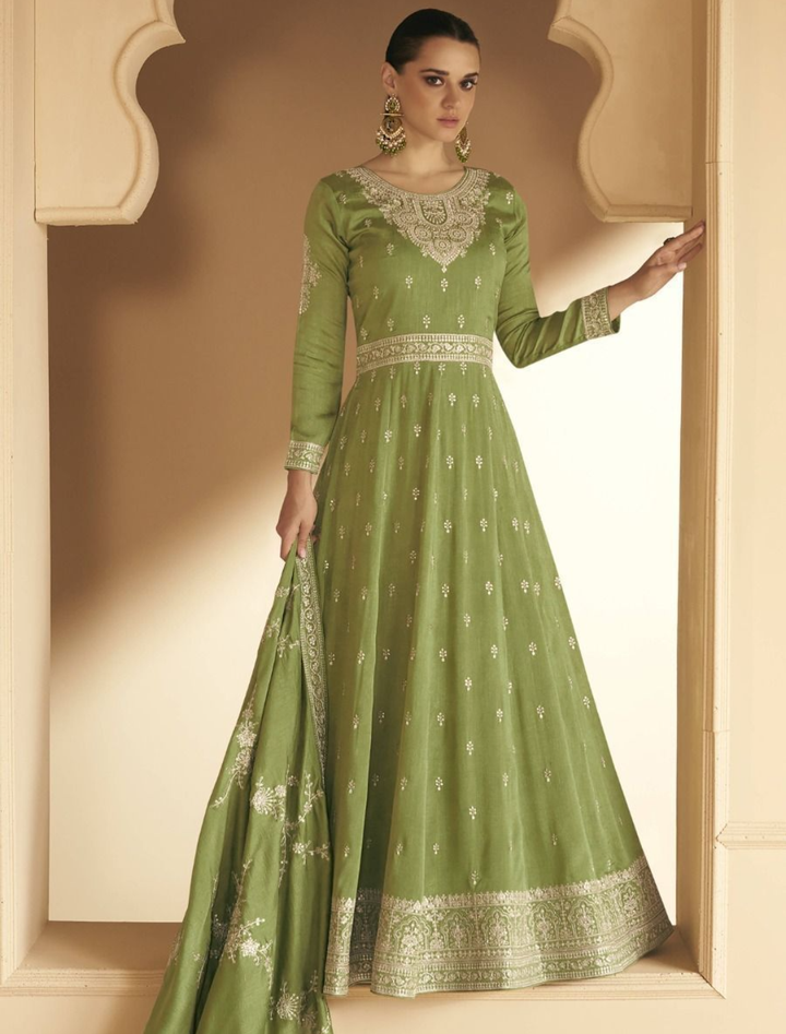 Stunning Green Designer Embroidery Silk Gown With Duppata