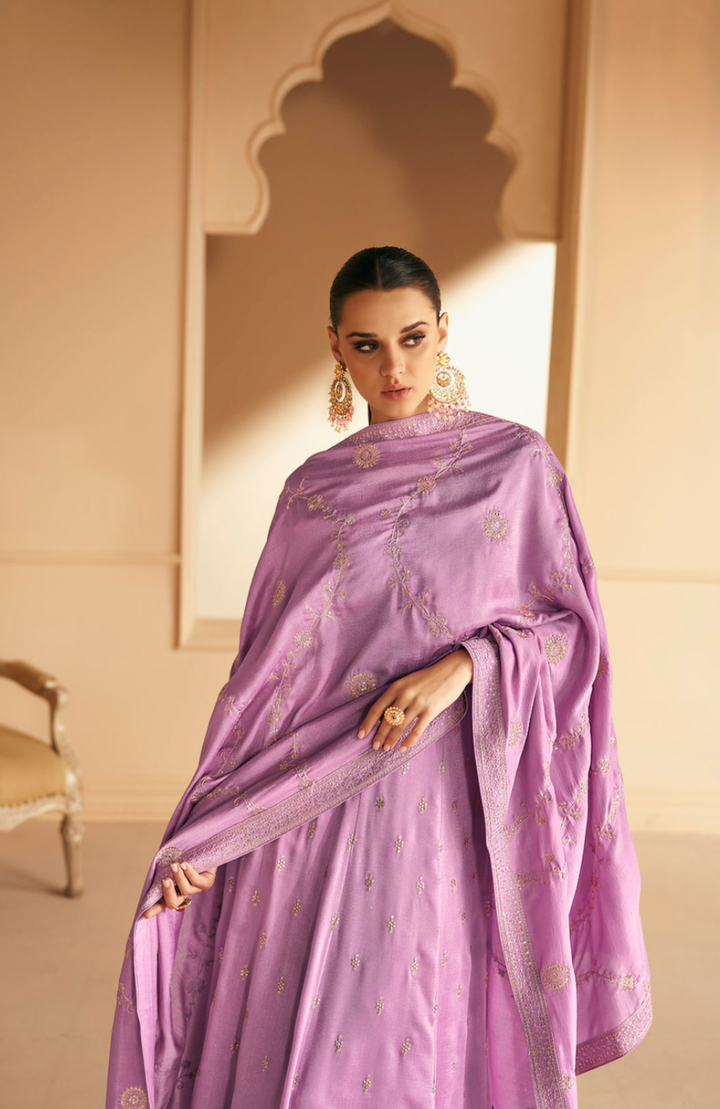 Lilac Purple Designer Embroidery Silk Gown With Duppata