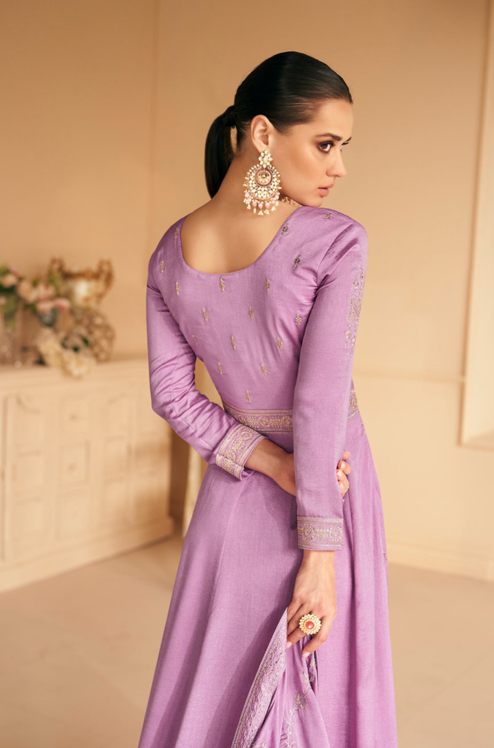 Lilac Purple Designer Embroidery Silk Gown With Duppata