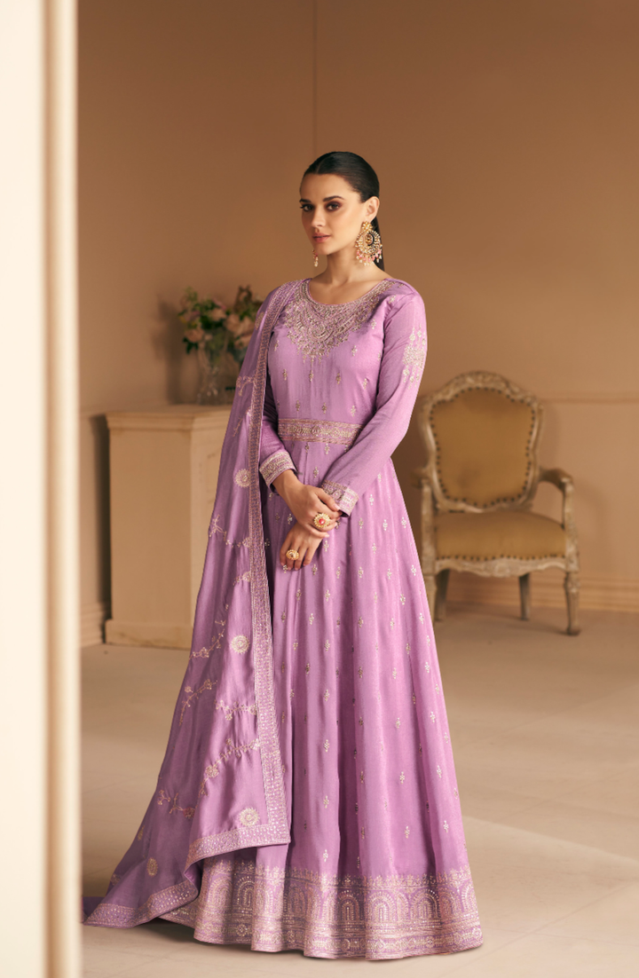 Lilac Purple Designer Embroidery Silk Gown With Duppata