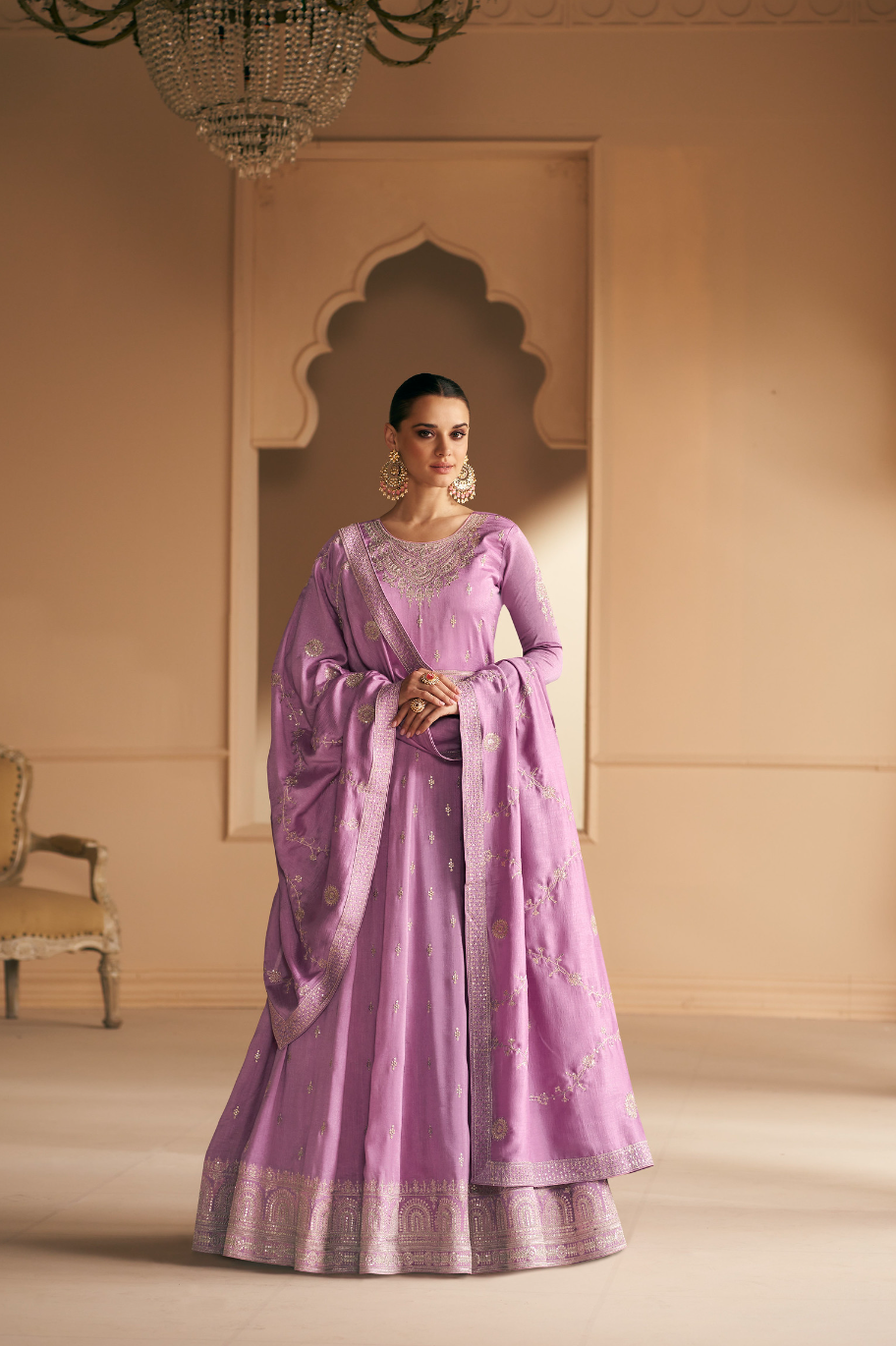 Lilac Purple Designer Embroidery Silk Gown With Duppata