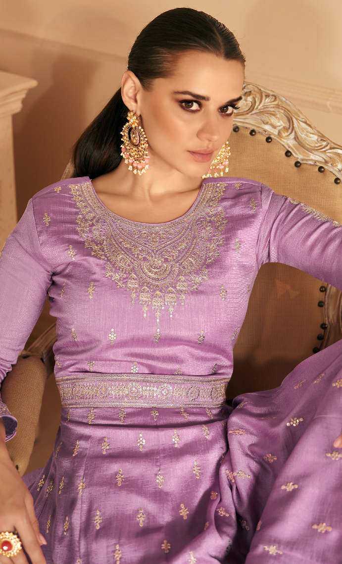 Lilac Purple Designer Embroidery Silk Gown With Duppata