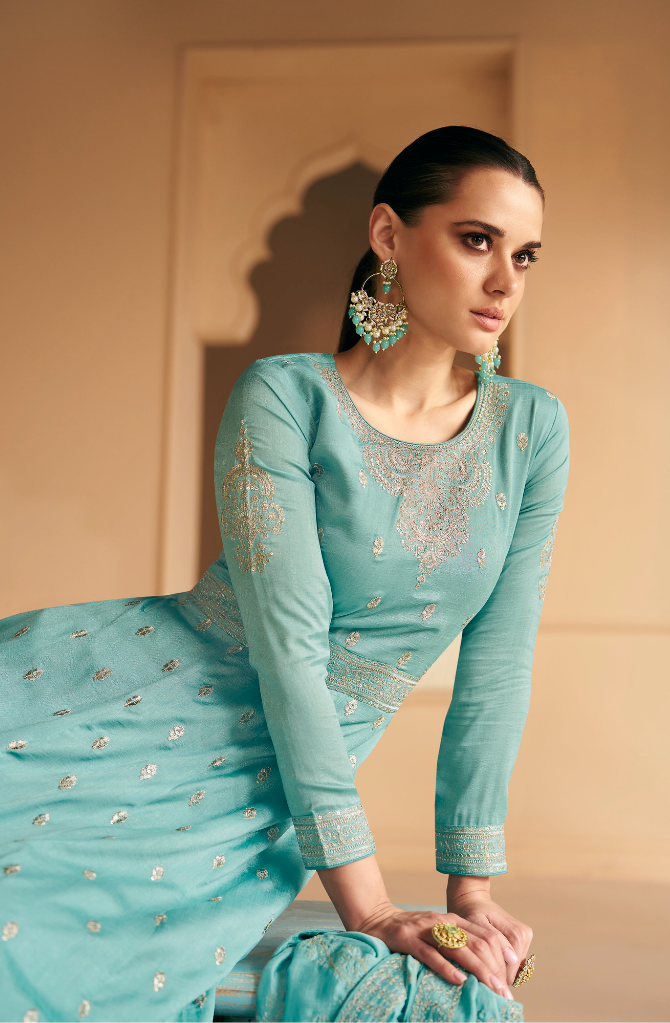 Cloud Blue Designer Embroidery Silk Gown With Duppata