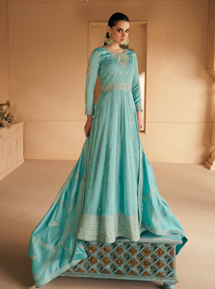 Cloud Blue Designer Embroidery Silk Gown With Duppata