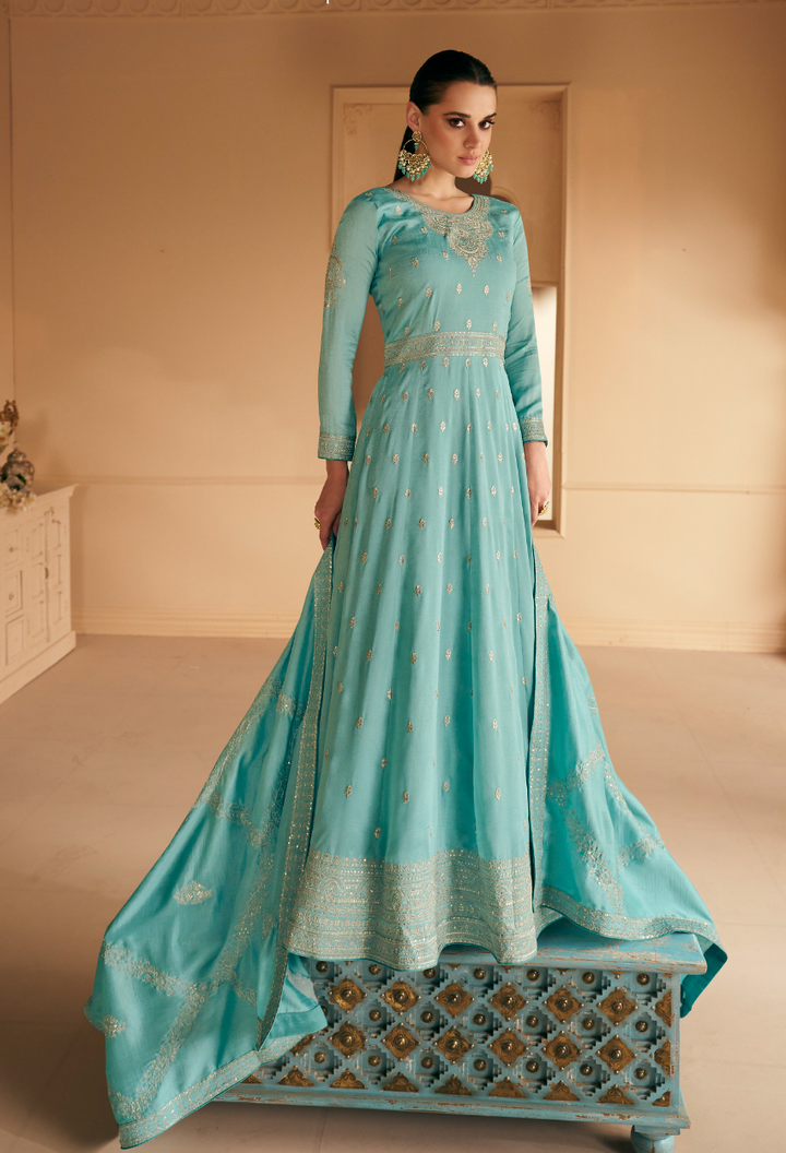 Cloud Blue Designer Embroidery Silk Gown With Duppata