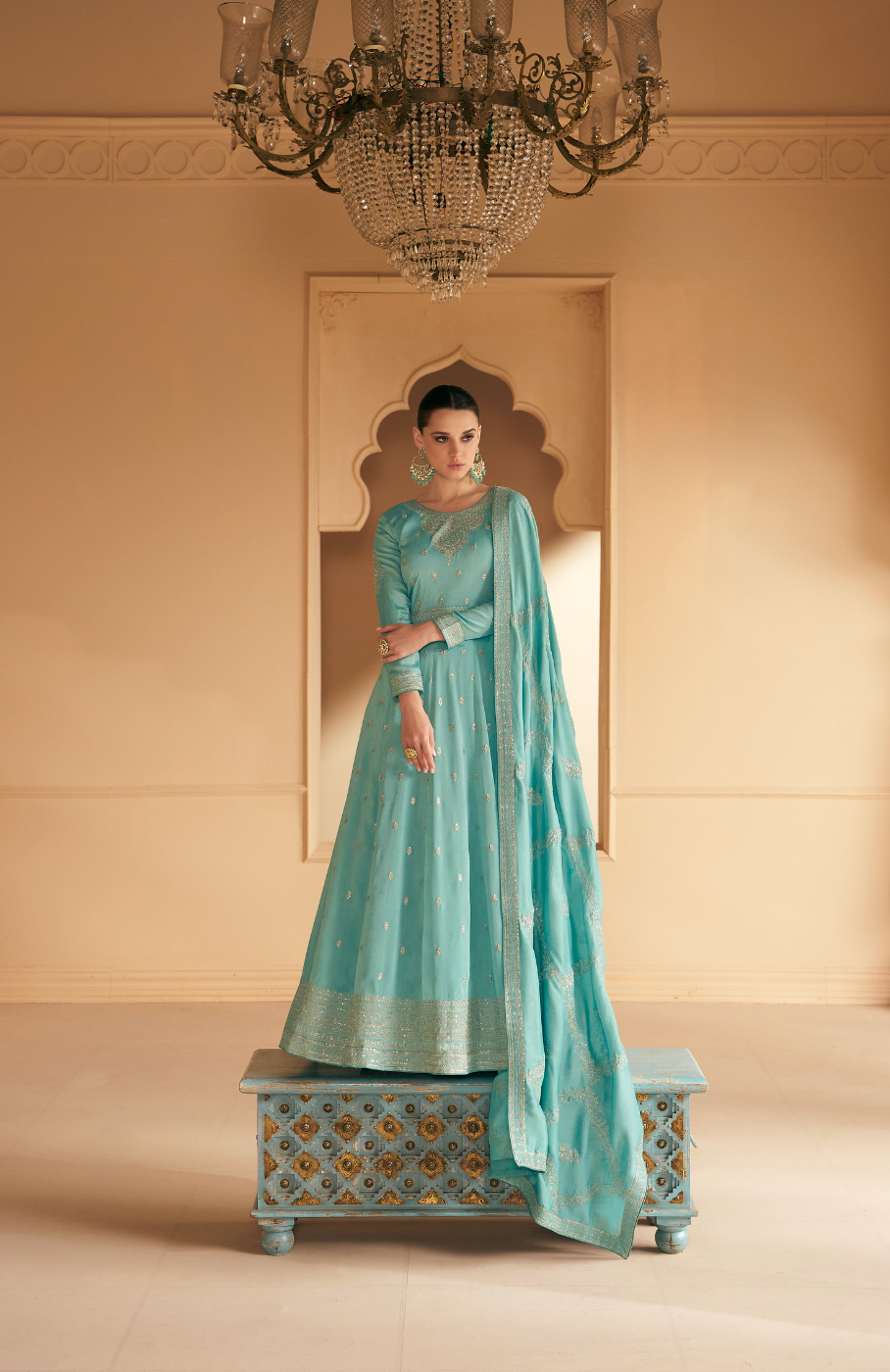 Cloud Blue Designer Embroidery Silk Gown With Duppata