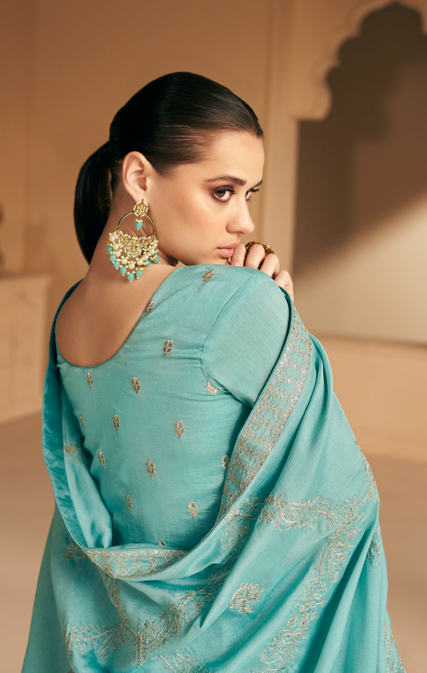 Cloud Blue Designer Embroidery Silk Gown With Duppata