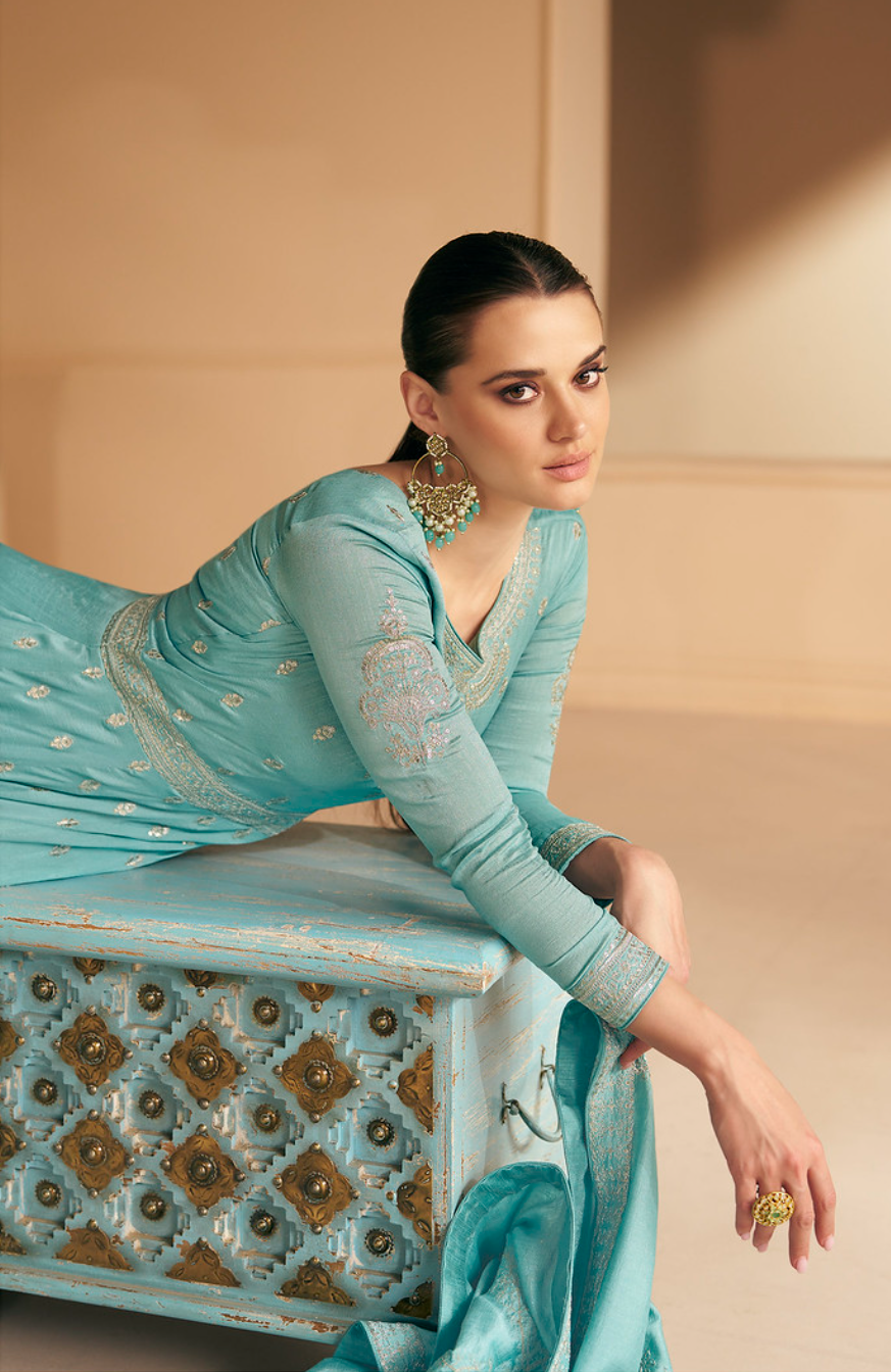 Cloud Blue Designer Embroidery Silk Gown With Duppata