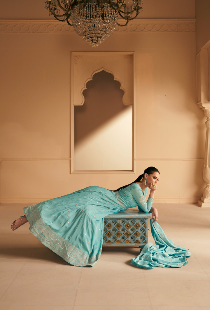 Cloud Blue Designer Embroidery Silk Gown With Duppata