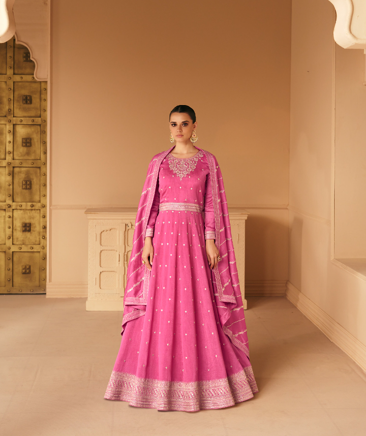 Rose Pink Designer Embroidery Silk Gown With Duppata