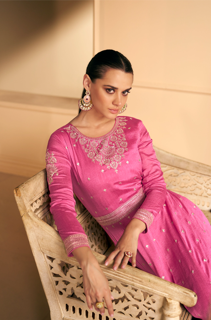 Rose Pink Designer Embroidery Silk Gown With Duppata