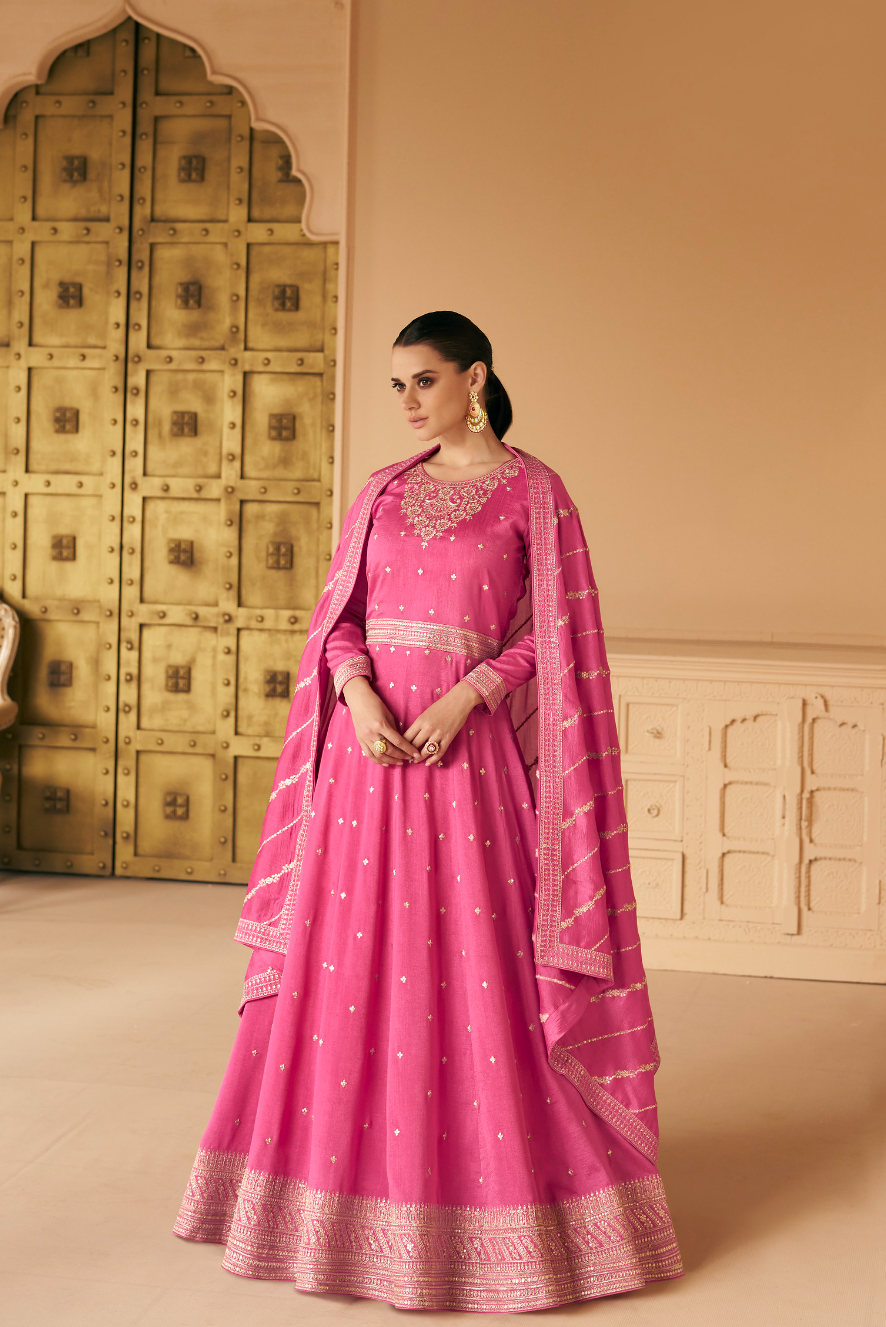 Rose Pink Designer Embroidery Silk Gown With Duppata