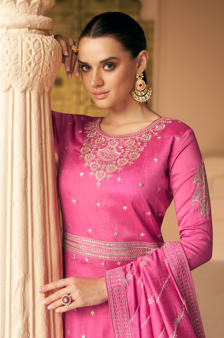 Rose Pink Designer Embroidery Silk Gown With Duppata