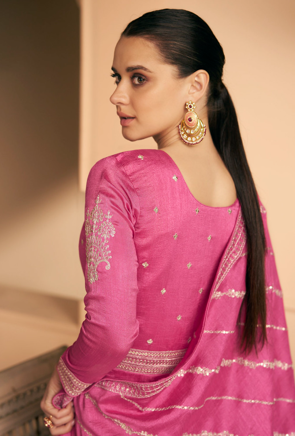 Rose Pink Designer Embroidery Silk Gown With Duppata