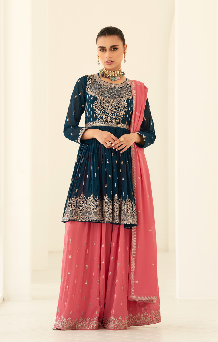 Teal Blue Designer Embroidery Georgette Sharara Set