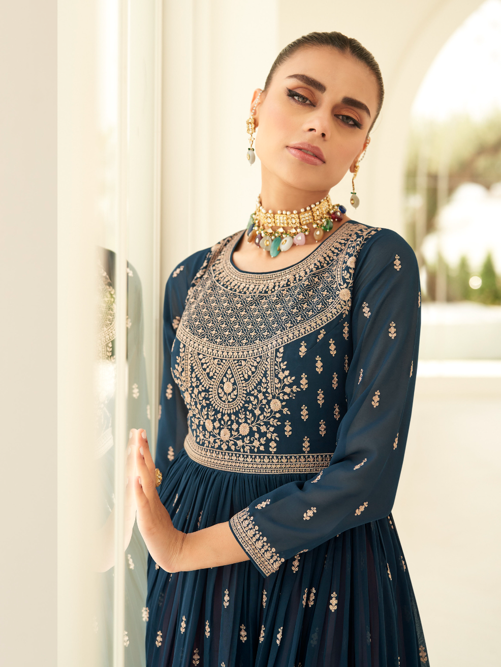 Teal Blue Designer Embroidery Georgette Sharara Set