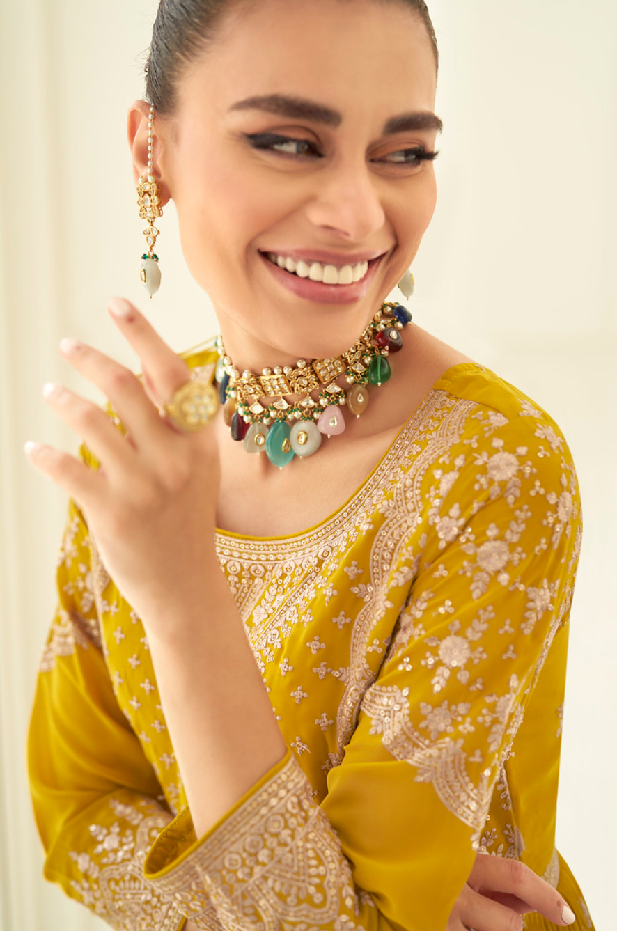Mustard Yellow And Green Designer Embroidery Georgette Sharara Set Rushini Mustard Yellow And Green Designer Embroidery Georgette Sharara Set Rushini