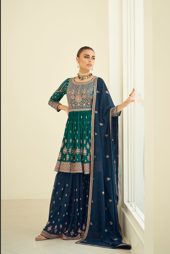 Peacock Blue Designer Embroidery Georgette Sharara Set