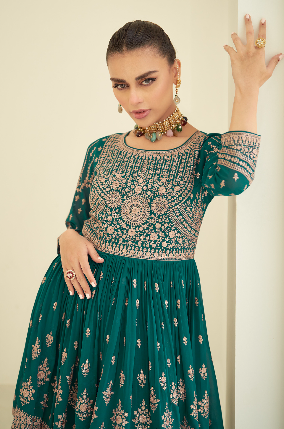 Peacock Blue Designer Embroidery Georgette Sharara Set