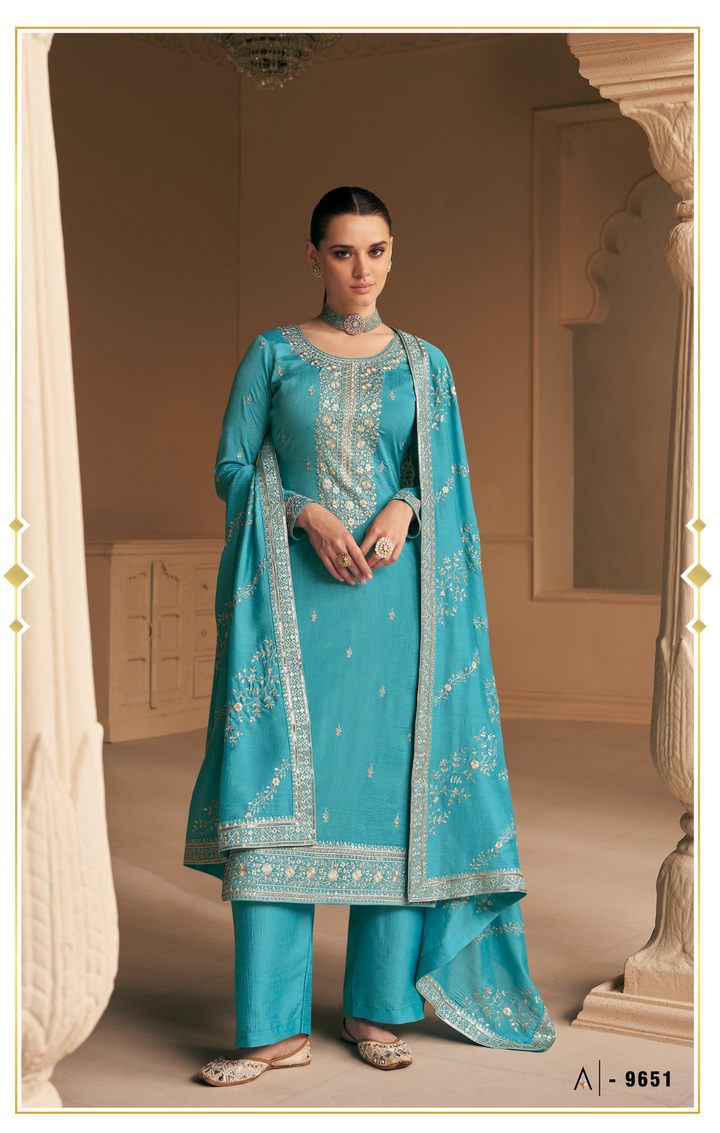 Azure Blue Designer Embroidery Georgette Dress