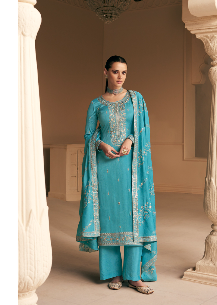 Azure Blue Designer Embroidery Georgette Dress