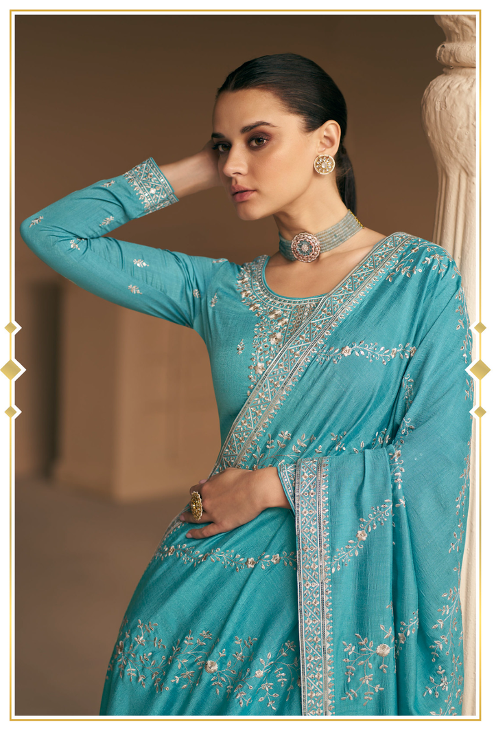 Azure Blue Designer Embroidery Georgette Dress