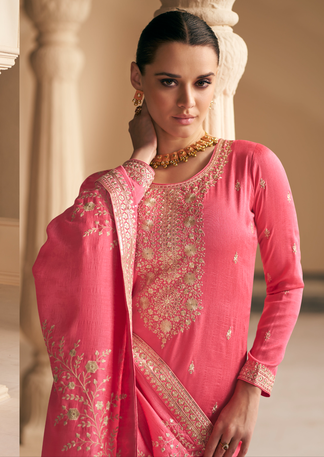 Fiery Rose Pink Designer Embroidery Silk Salwar Suit