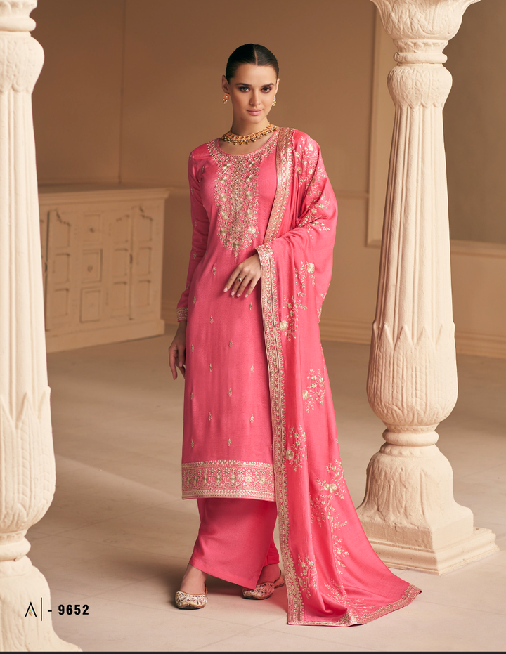 Fiery Rose Pink Designer Embroidery Silk Salwar Suit