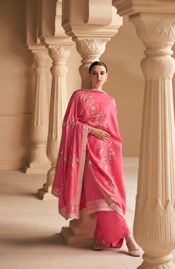 Fiery Rose Pink Designer Embroidery Silk Salwar Suit