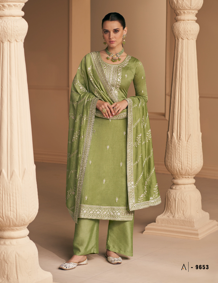 Olive Green Green Designer Embroidery Silk Salwar Suit