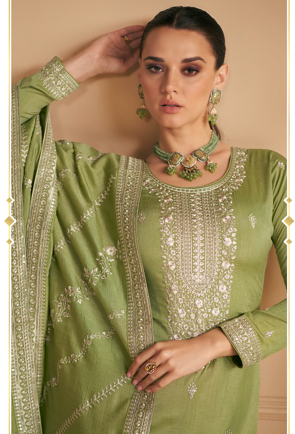 Olive Green Green Designer Embroidery Silk Salwar Suit