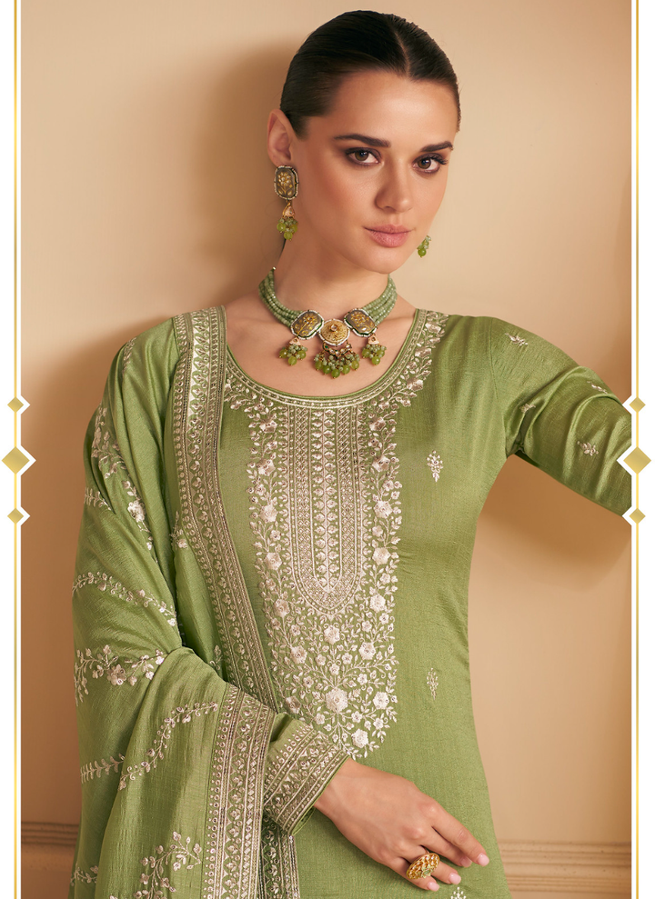 Olive Green Green Designer Embroidery Silk Salwar Suit