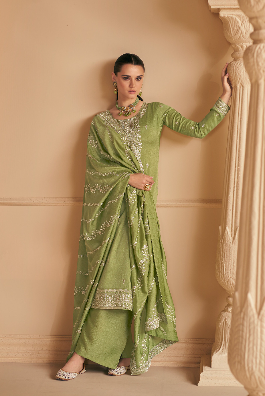 Olive Green Green Designer Embroidery Silk Salwar Suit