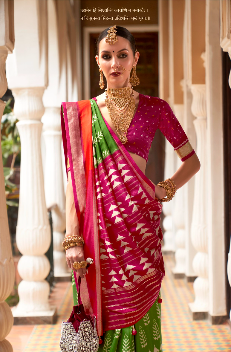 Olive Green And Pink Designer Patola Saree