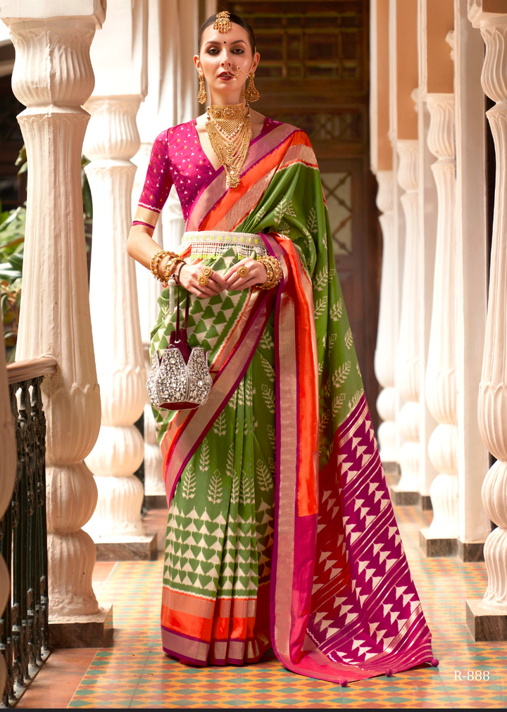 Olive Green And Pink Designer Patola Saree