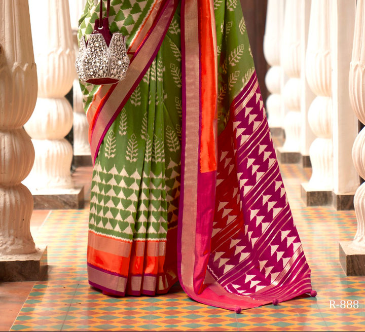 Olive Green And Pink Designer Patola Saree