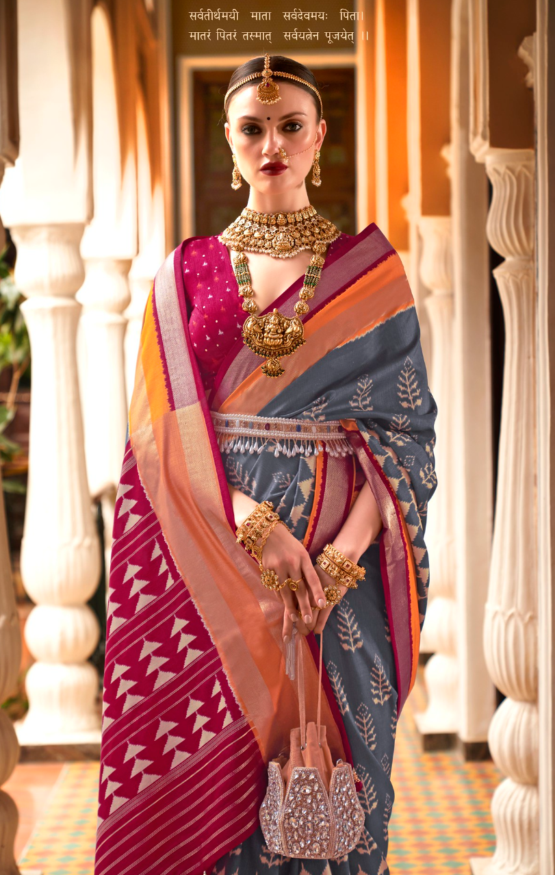 Charcoal Grey And Pink Designer Patola Saree