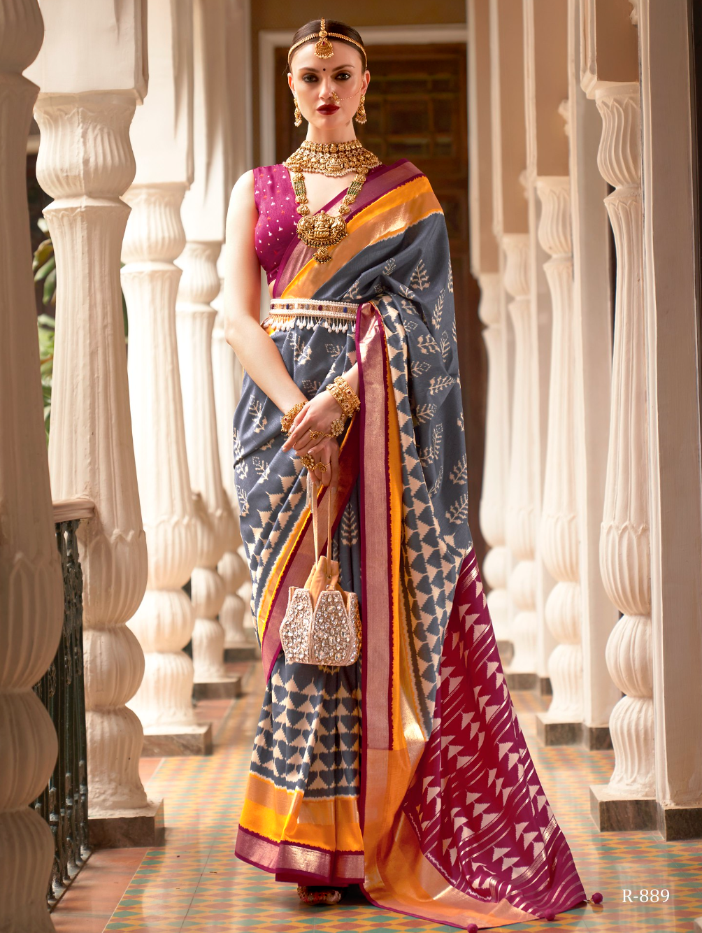 Charcoal Grey And Pink Designer Patola Saree