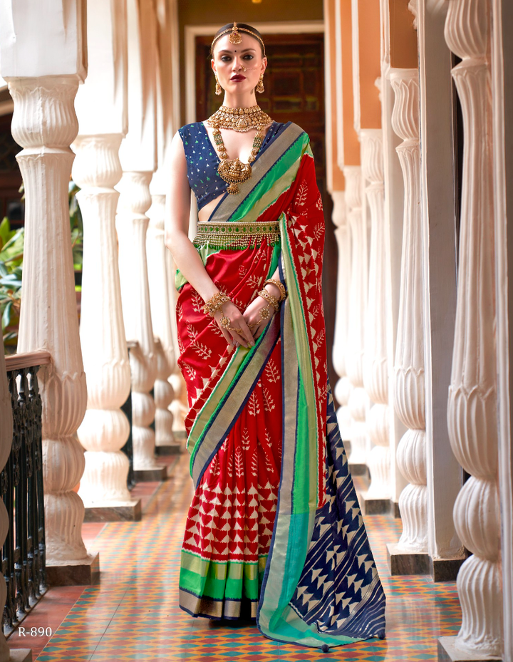 Bridal Red And Teal Blue Designer Patola Saree