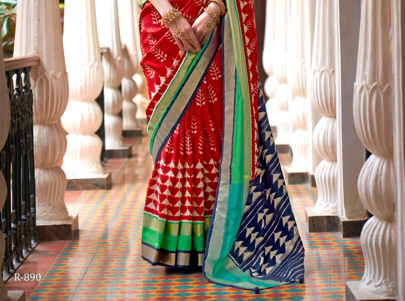 Bridal Red And Teal Blue Designer Patola Saree