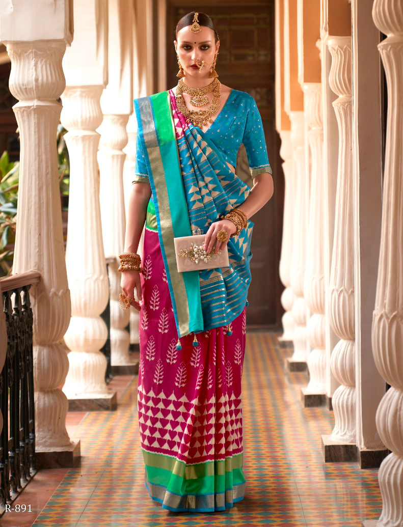 Queen Pink And Blue Designer Patola Saree