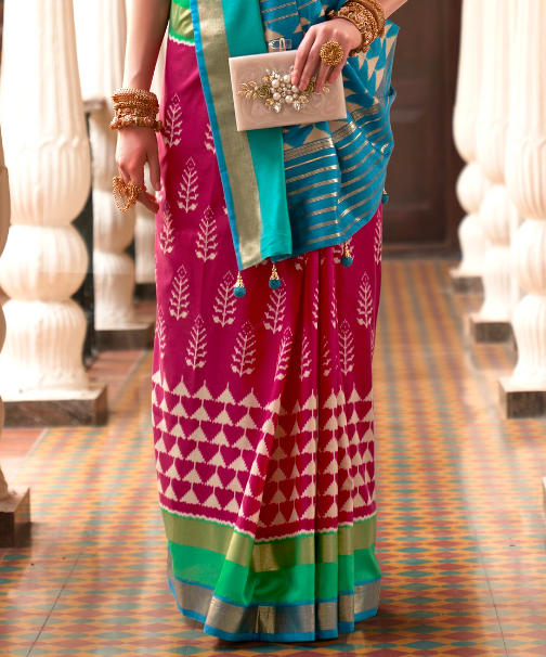 Queen Pink And Blue Designer Patola Saree