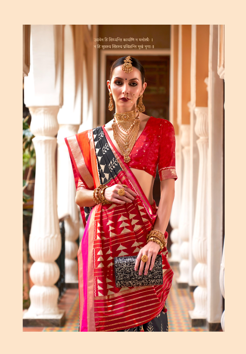 Royal Black And Red Designer Patola Saree