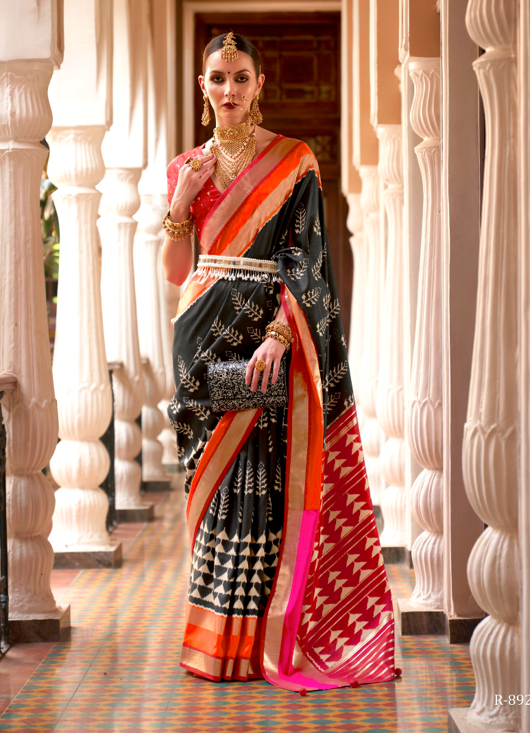 Royal Black And Red Designer Patola Saree