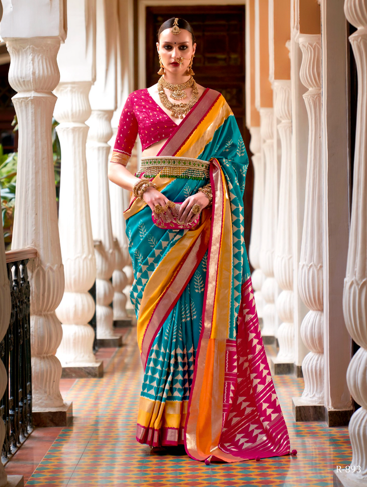 Sky Blue And Pink Designer Patola Saree